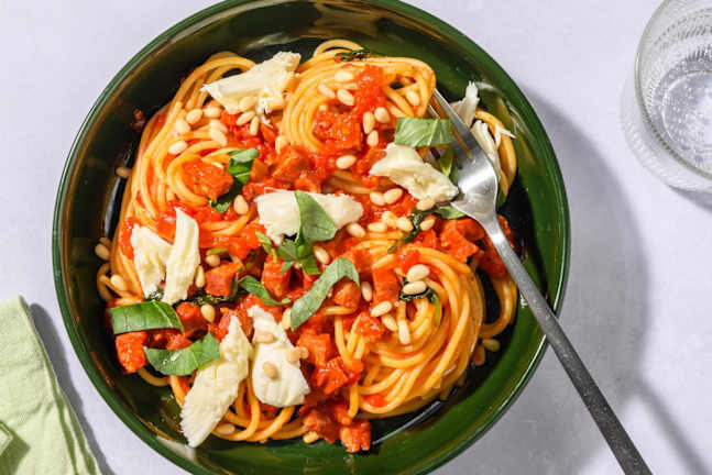 Snabb chorizo- och harissaspaghetti