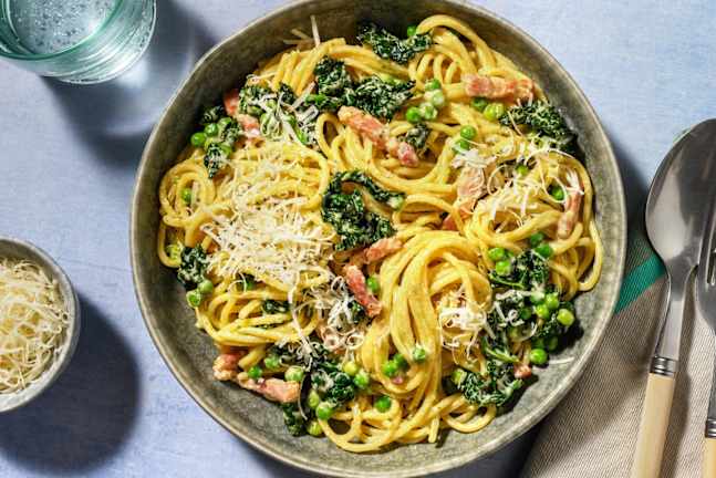 Easy Peasy Bacon and Pea Pesto Spaghetti