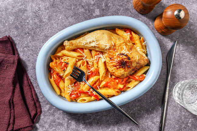 Poulet & penne al pesto rosso pour Papounet