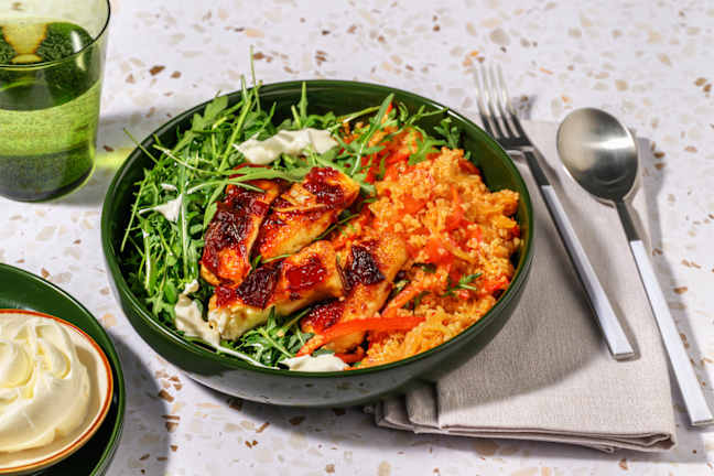 Glazed Halloumi and Veg Loaded Harissa Bulgur Bowl