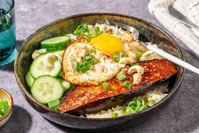 Miso-aubergine met spiegelei