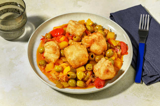 Merluzzo fritto in pastella e ciambotta di peperoni