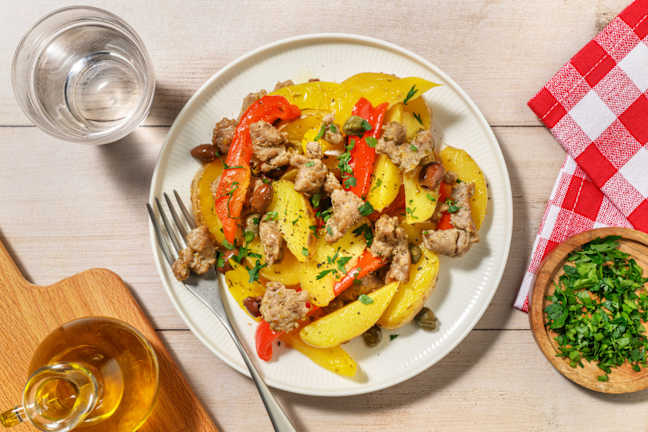 Padellata di salsiccia, patate e peperonata