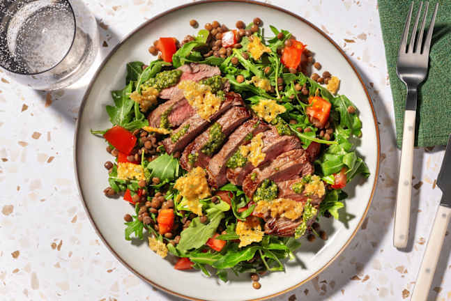 Paillard di manzo in insalata di rucola e lenticchie