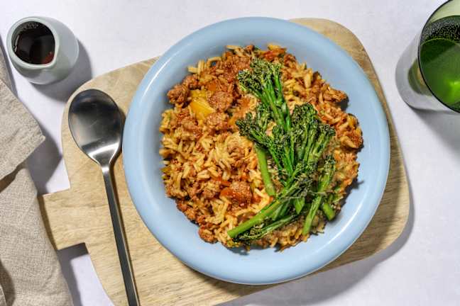Rindshackfleisch-Reispfanne mit Broccoli