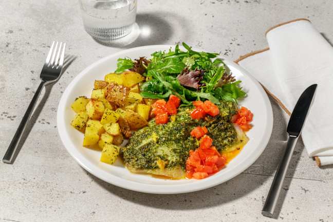 Pesto Baked Basa and Warm Tomato Salsa