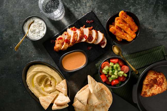 Mezze Style Harissa Chicken and Flatbread Dipping Platter