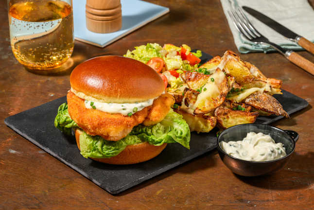 Fried Chicken Burger and Cheesy Wedges
