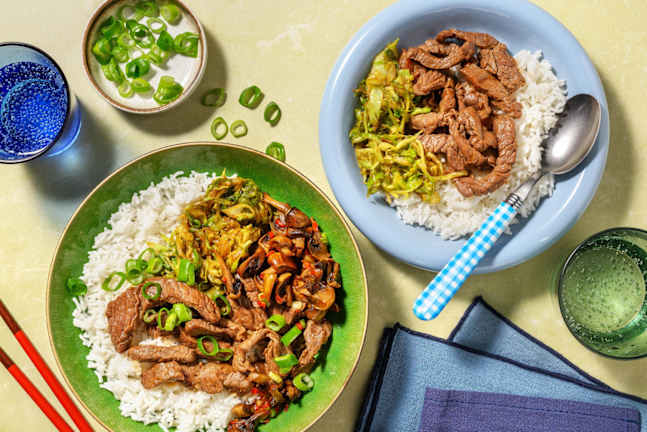 Émincés de steak marinés en sauce soja douce, riz et chou poimtu