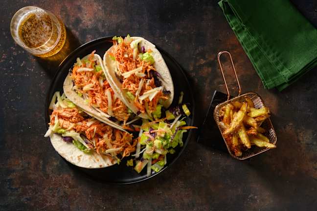 Cheesy Korean Style Pulled Chicken Tacos