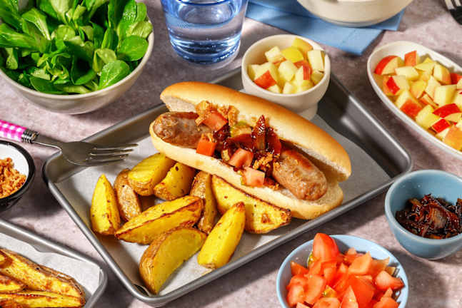 Hotdog met aardappelpartjes en salade