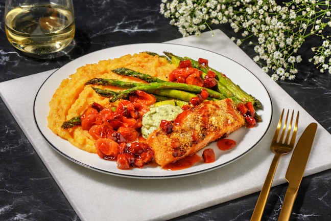 Sun-Dried Tomato Crumbed Salmon and Chorizo Jam