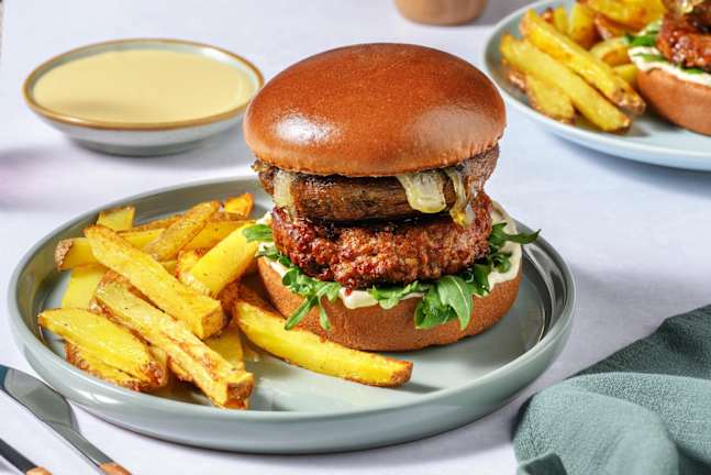 Caramelised Onion Veggie Burger and Cheesy Fondue Dip