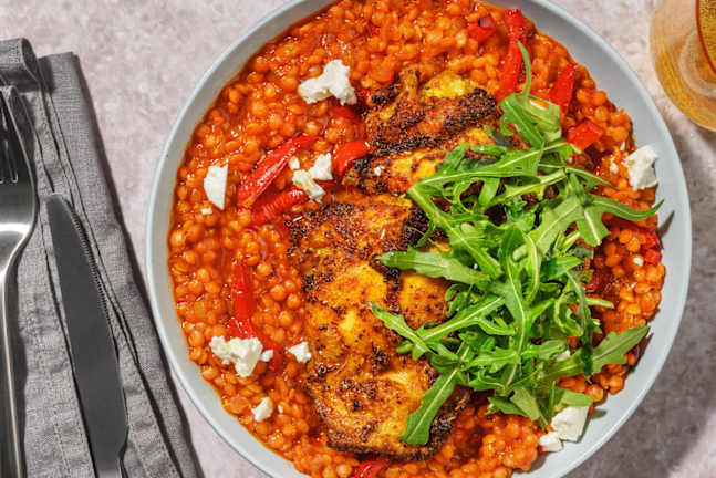 Chermoula Chicken Thighs on Caramelised Onion Lentils 