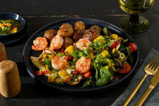 Zesty Sea Bream, Mango Salsa and King Prawns