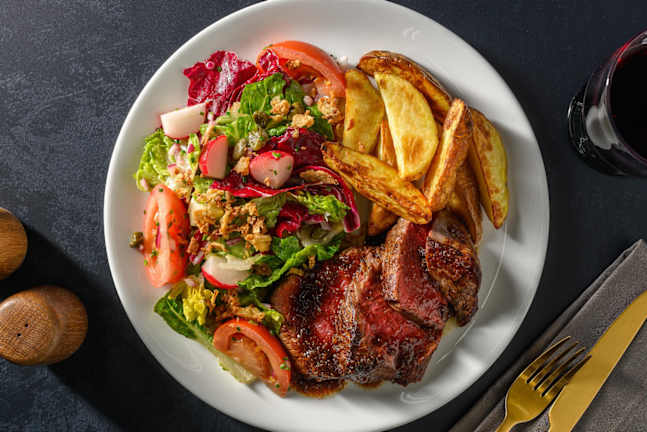 Entrecote deluxe in knoflookjus met aardappelpartjes