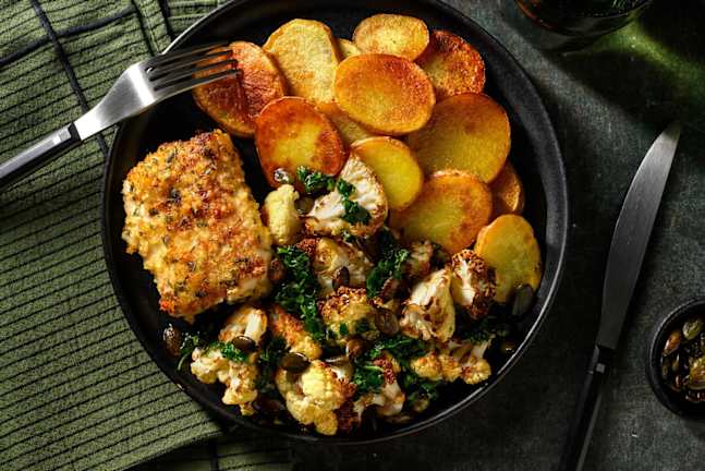 Panko Cod with Garlicky Parsley Oil & Pumpkin Seeds