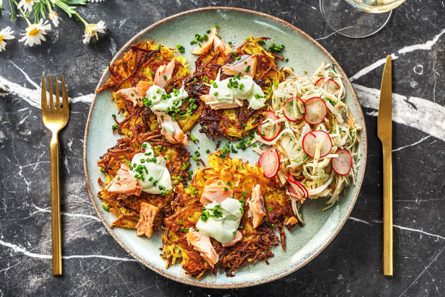 Aardappelkoekjes met warmgerookte zalm