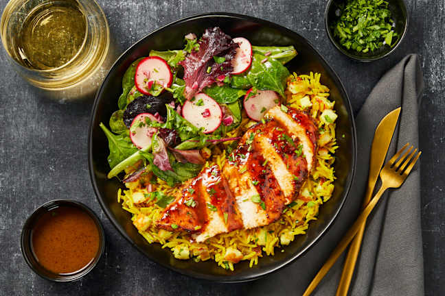 Harissa-Fig Chicken and Golden Halloumi Rice