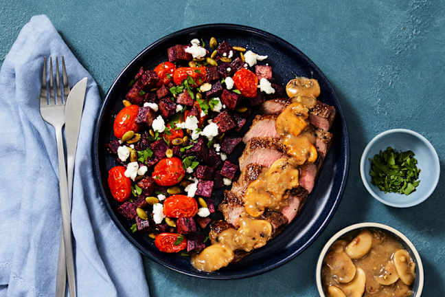 Seared Steak with Purple Sweet Potato Jumble