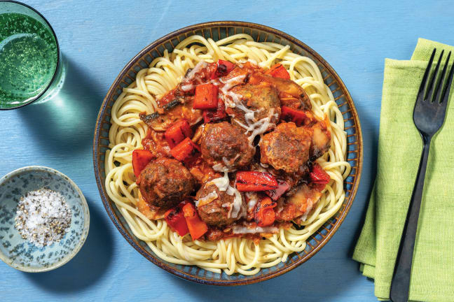Basil Pesto & Beef Meatball Spaghetti