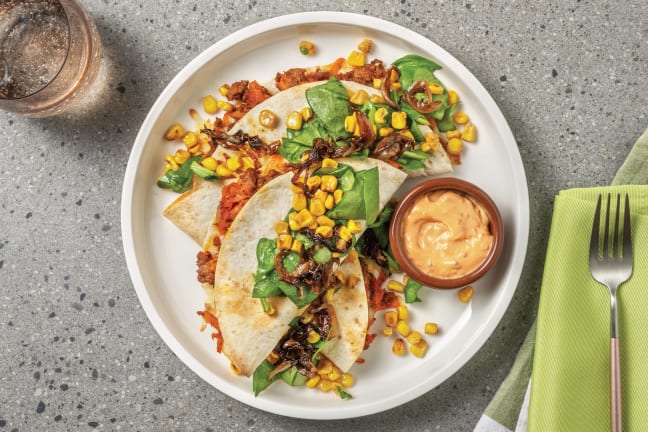 American-Style Beef & Pork Quesadillas with Charred Corn Salsa & Onion Chutney