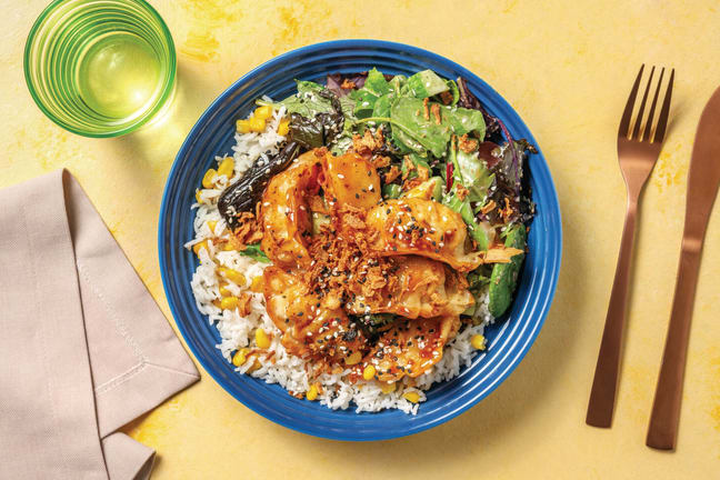 Crispy Pork Gyoza & Corn Rice Bowl with Sesame Salad