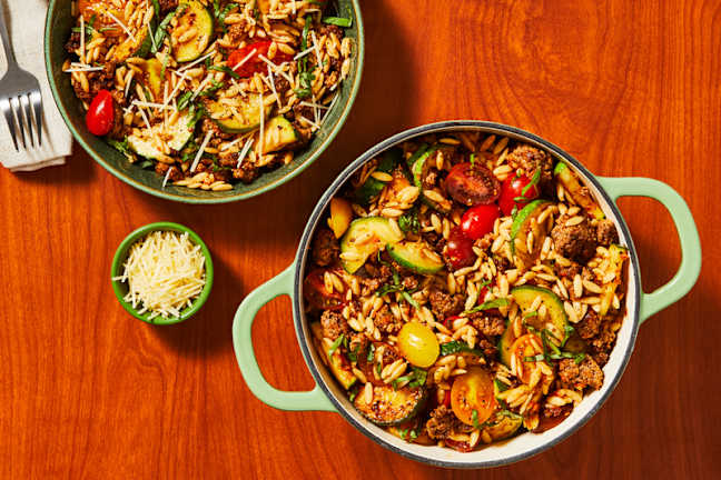 One-Pot Beef and Pesto Orzo 