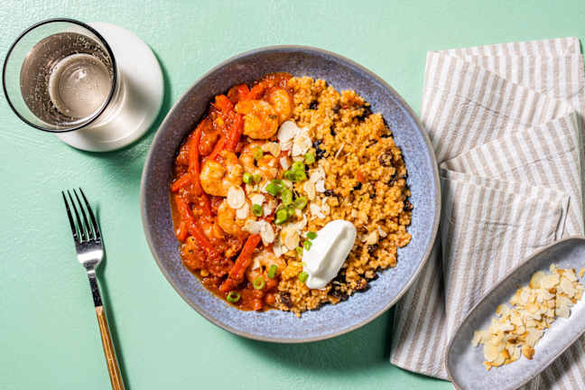 Garnelen-Tajine mit Sultaninen-Bulgur & Paprika