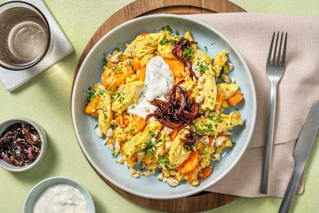 Poulet-Reispfanne mit Aprikosen-Minz-Joghurt