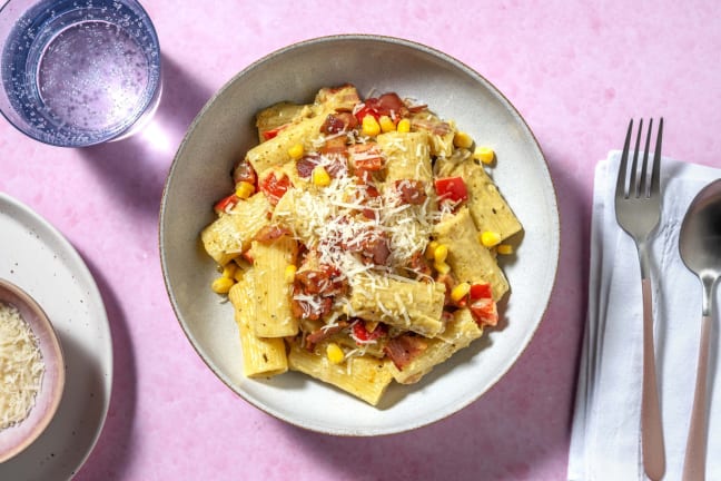 Creamy Pesto, Bacon and Cheese Rigatoni