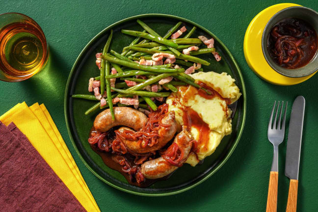 Ultimate Sausages and Cheesy Roasted Garlic Mash