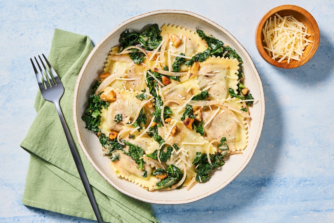 Mushroom Ravioli with Kale & Walnuts