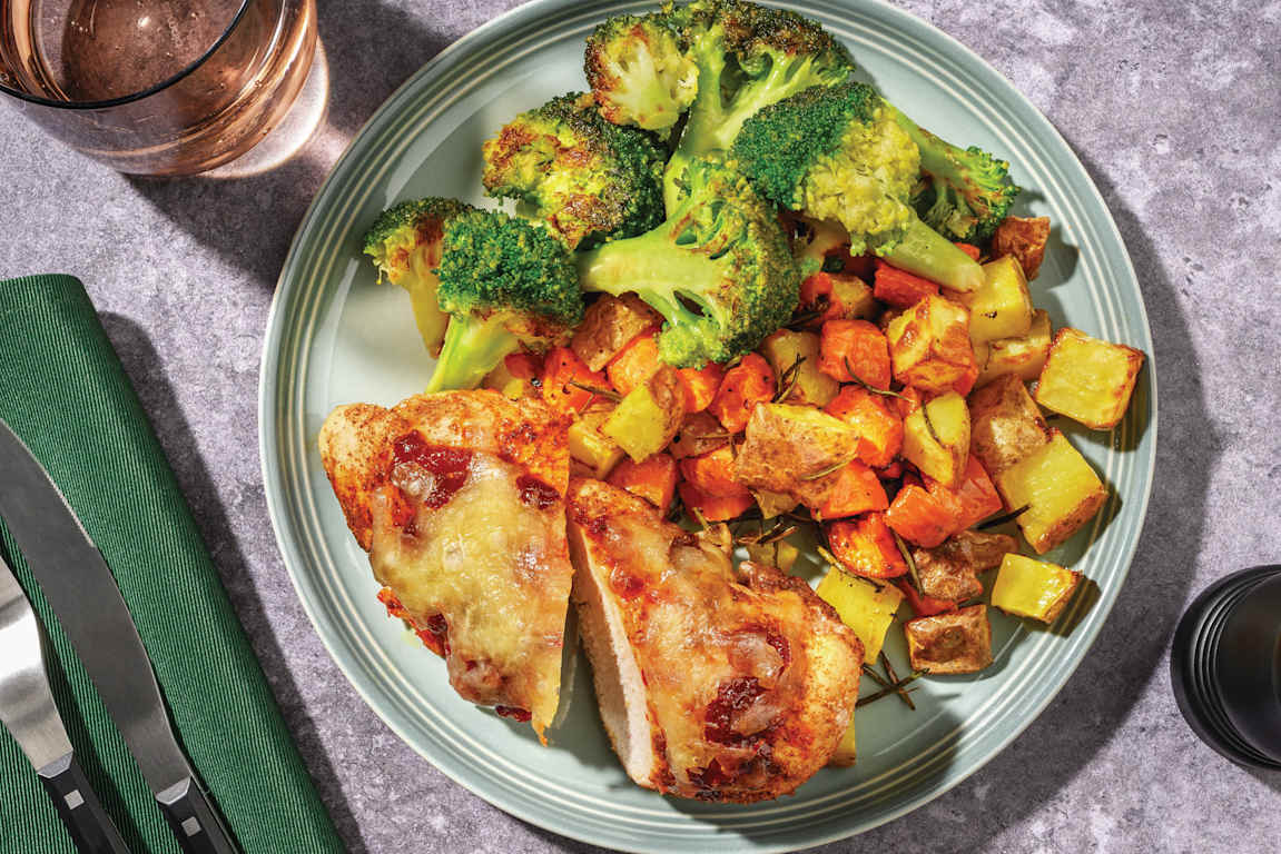 Cheesy Capsicum Chicken & Herby Root Veg