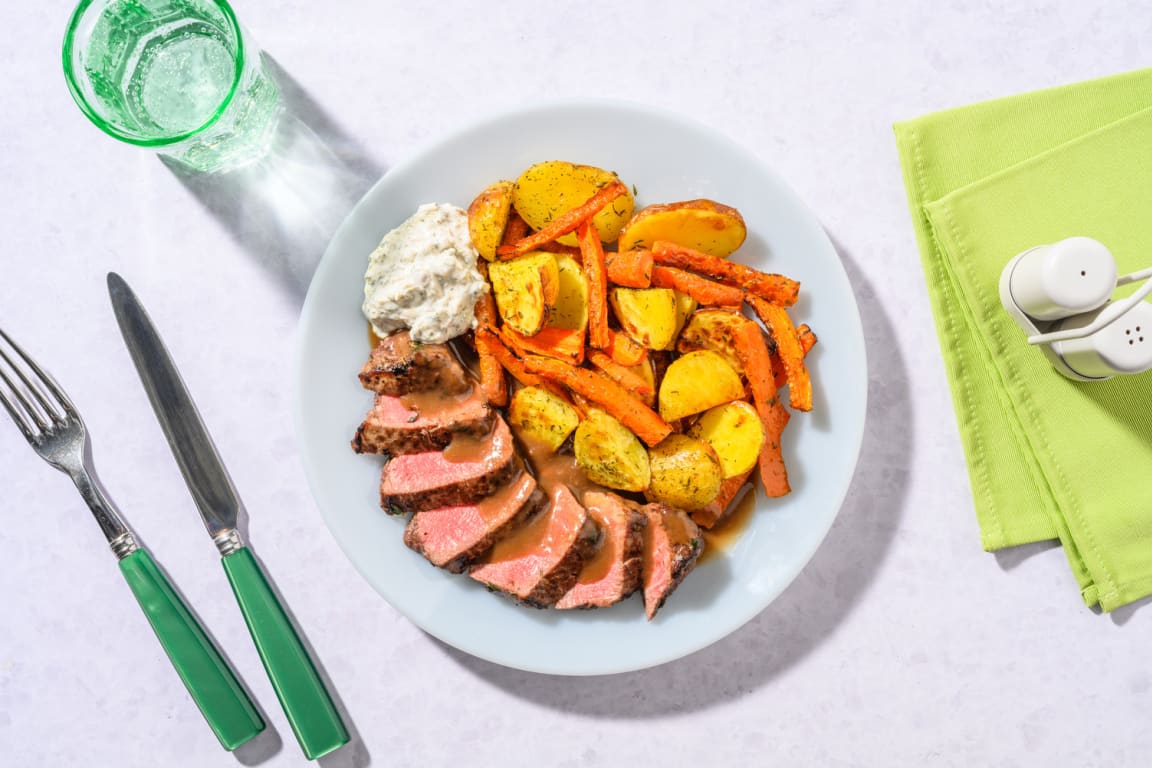 Pavé de bœuf, carottes & jus de viande