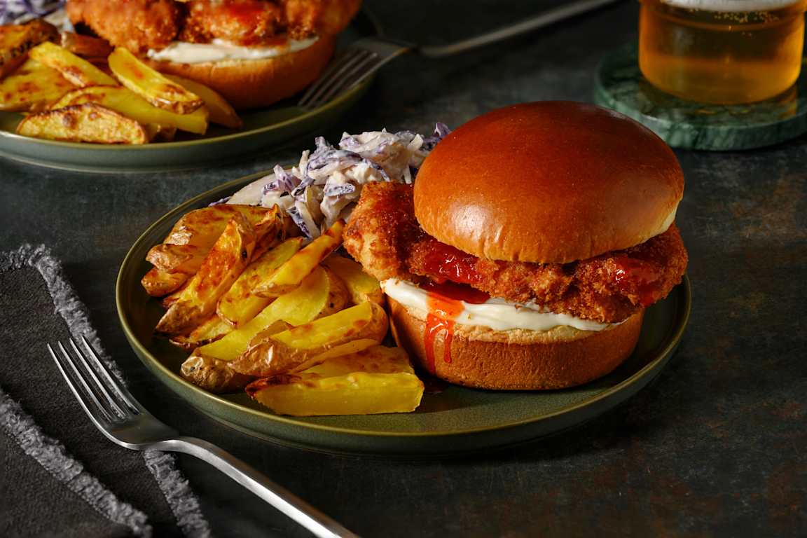 Buffalo Style Fried Chicken Burger and Fries
