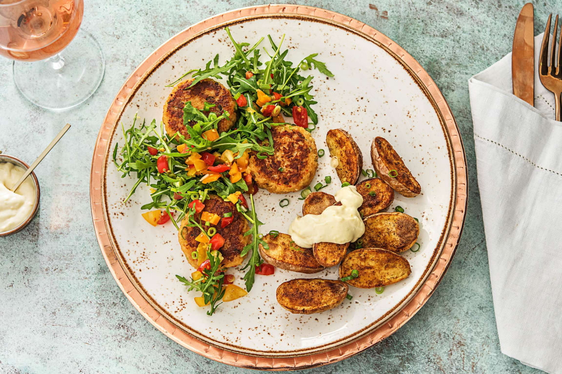 Crab Cakes Under a Meyer Lemon-Dressed Salad