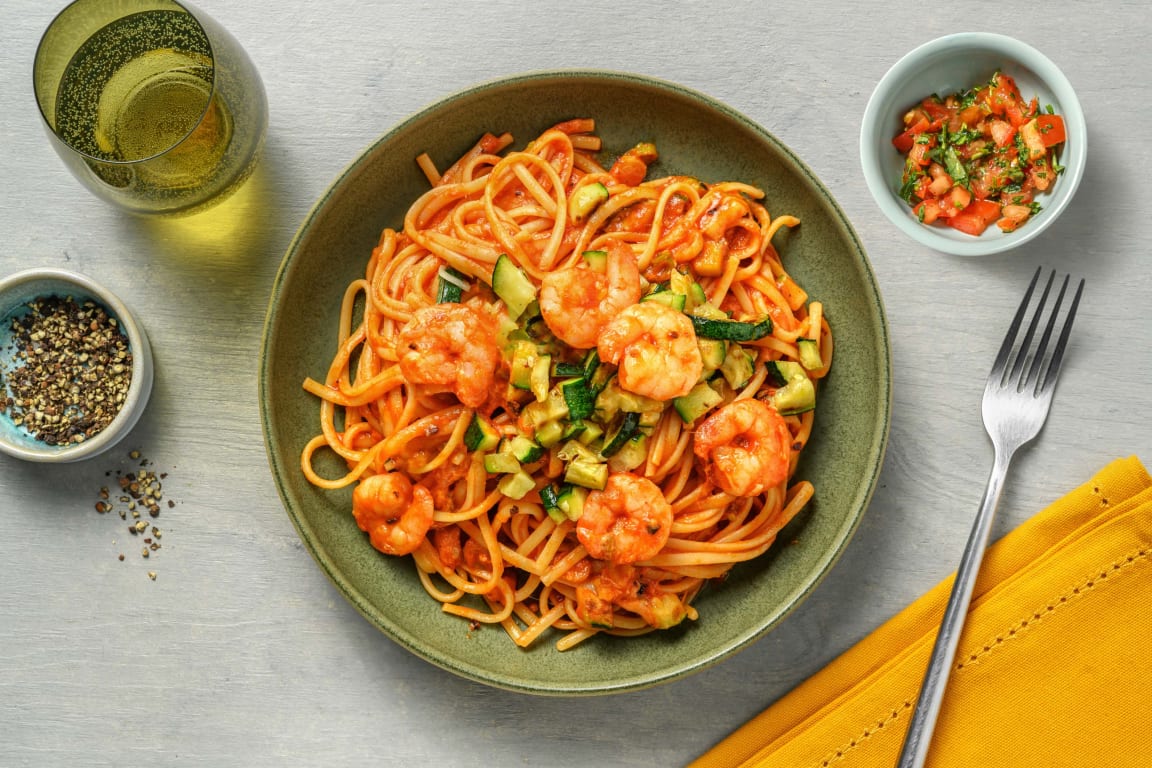 NL: Spaghetti met garnalen in kerrie-roomsaus  BE: Spaghetti met garnalen in curry-roomsaus