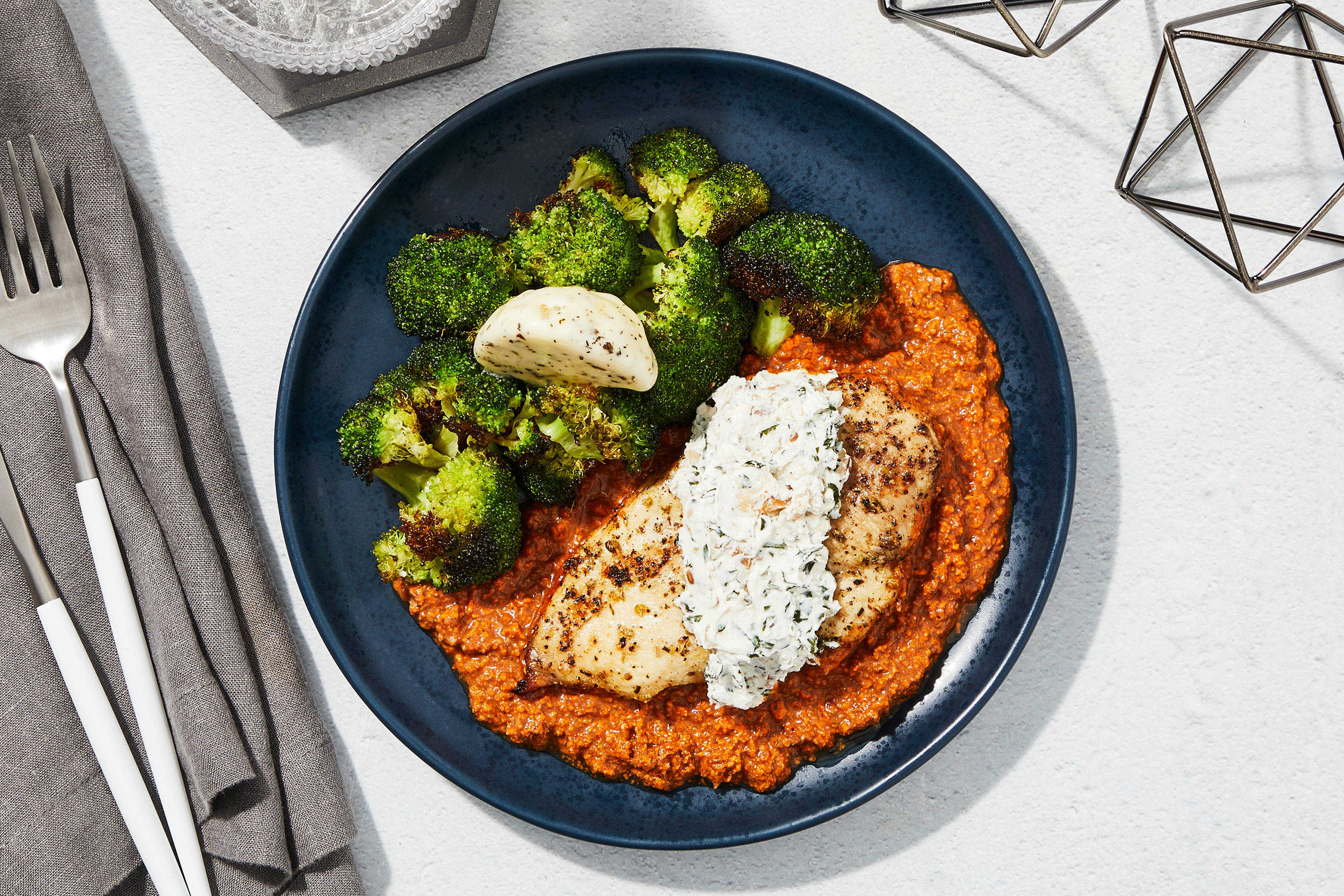 Goat Cheese & Romesco Baked Chicken with Lemon Basil Broccoli - Factor