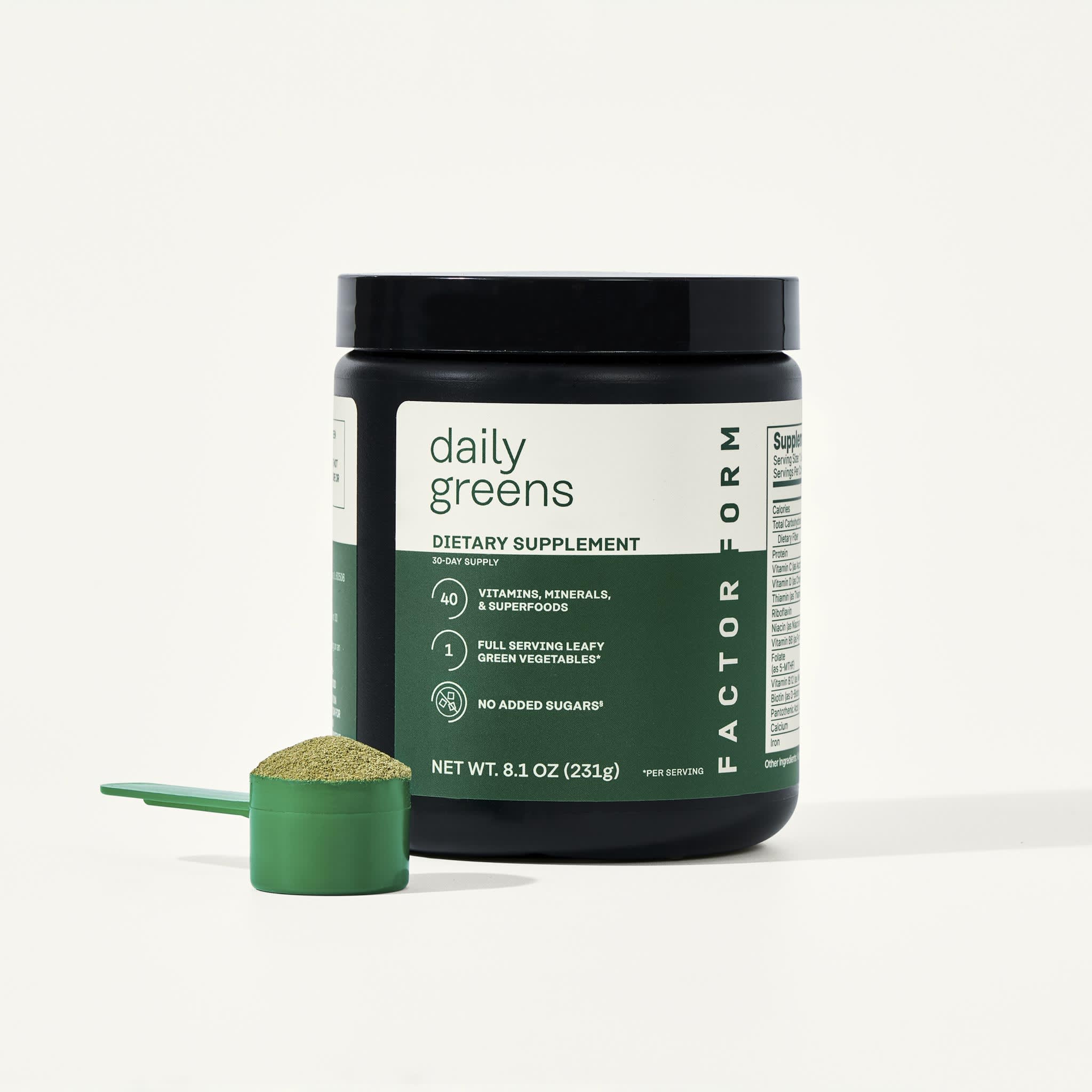 Factor Form Daily Greens Jar with scoop full of greens powder