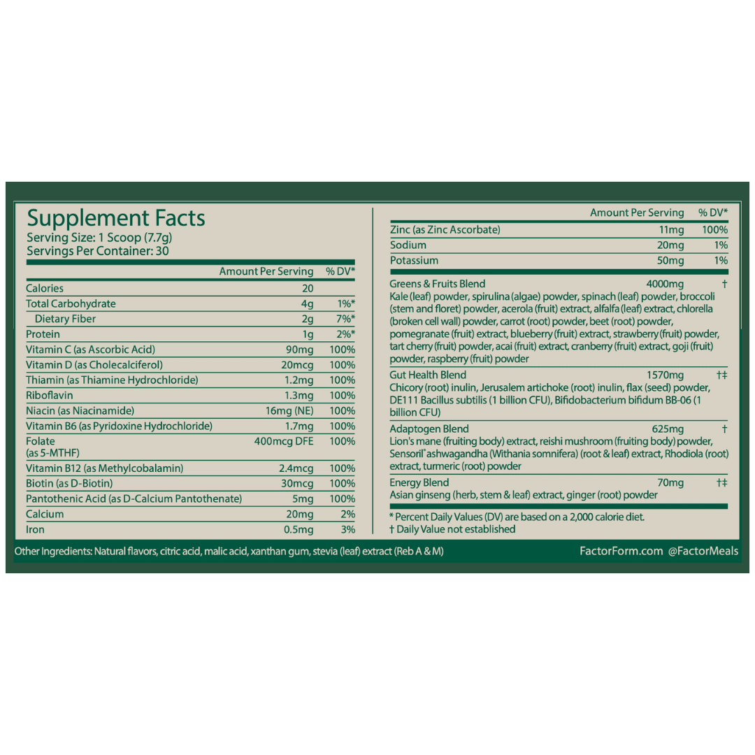Daily Greens Supplement Facts Per Scoop, screen-reader friendly version available on View supplement label link