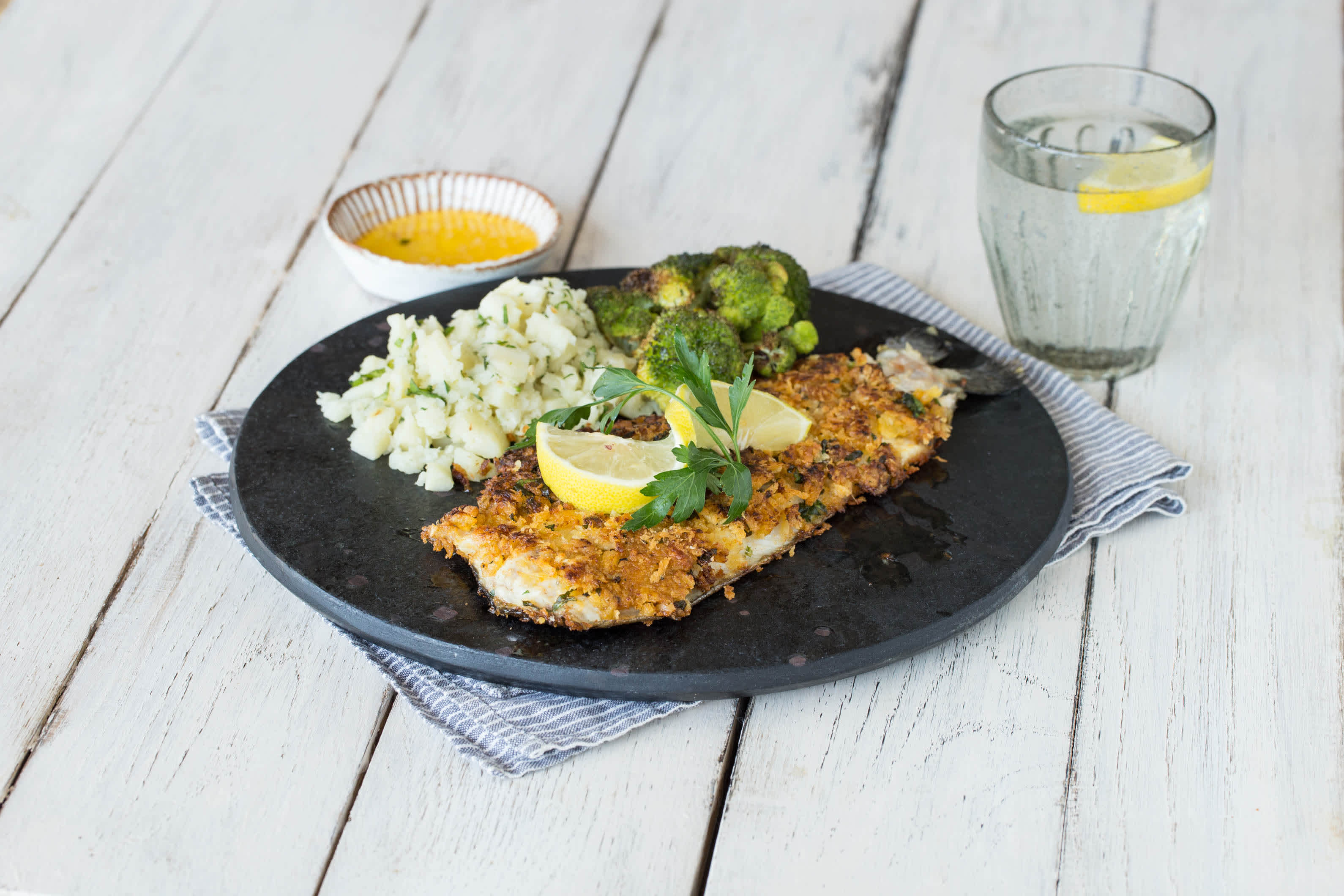 Panko-Crusted Trout with Lemon-Butter Sauce, Parsnip Mash, and Crispy Broccoli