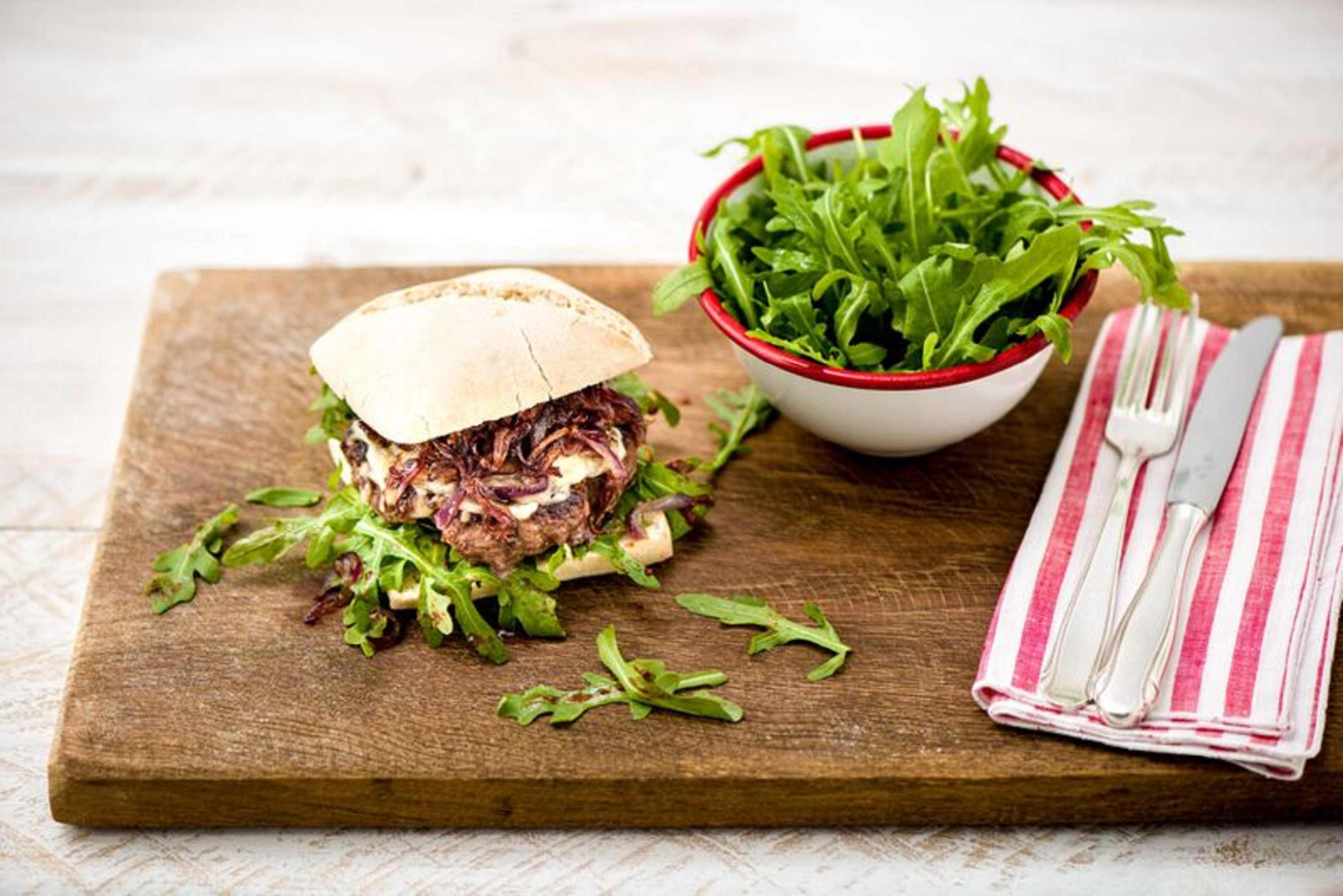 Italian Ciabatta Burgers with Caramelized Onion, Mozzarella, and Sweet-and-Tangy Arugula Salad