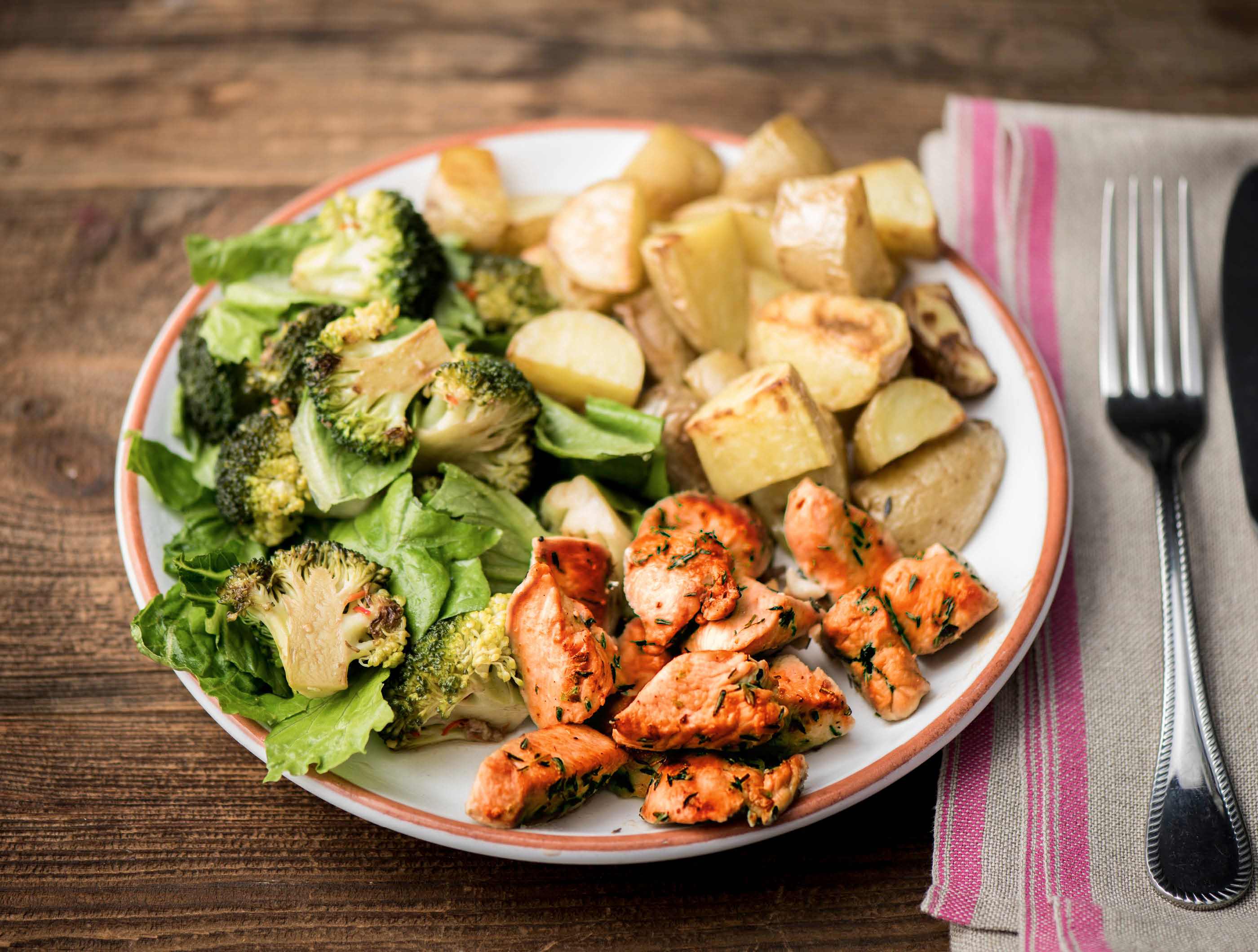 Gebakken kipfilet met broccolisalade en aardappelen