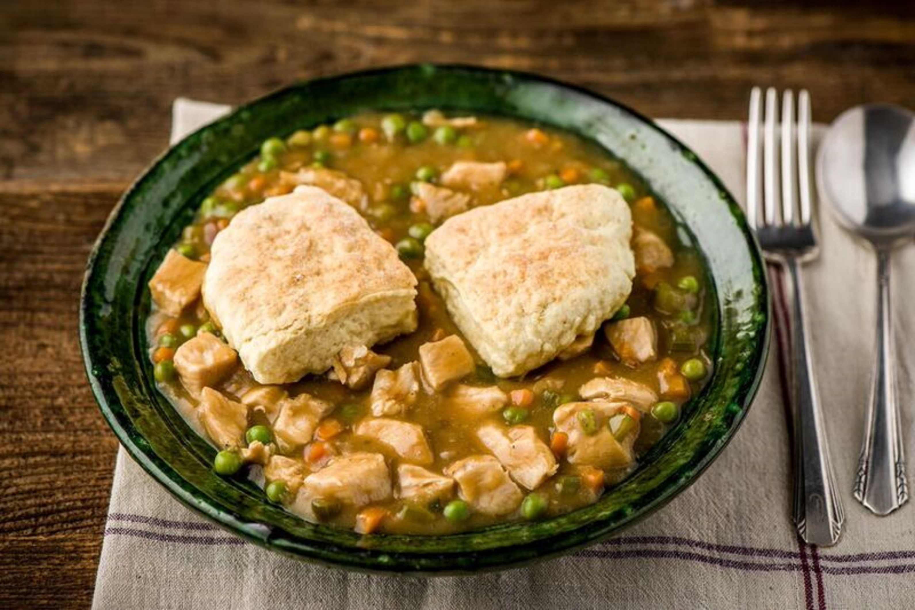 Skillet Chicken Pot Pie with Homemade Biscuits and Thyme Gravy
