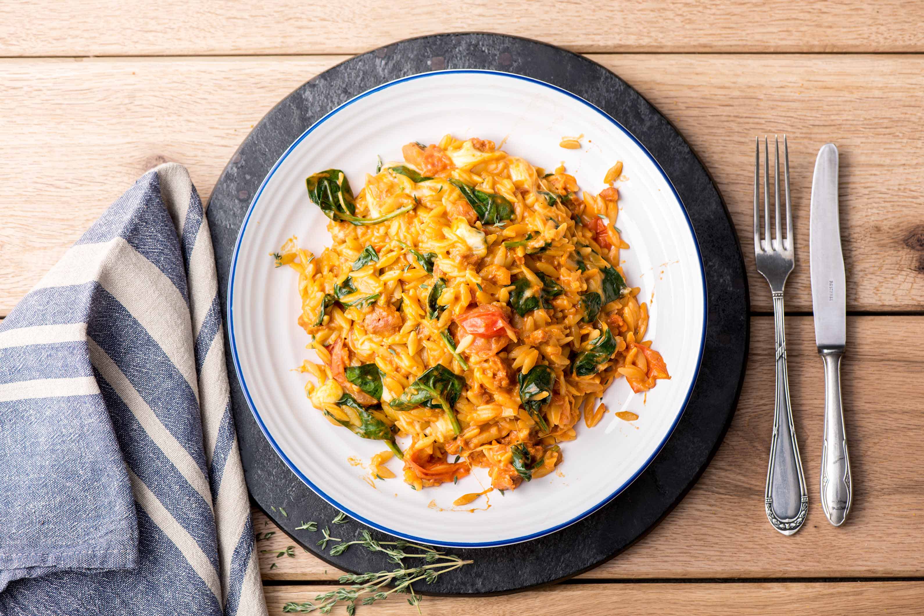 Treat Day Cheesy Tomato, Chorizo and Mozzarella Orzo Risotto