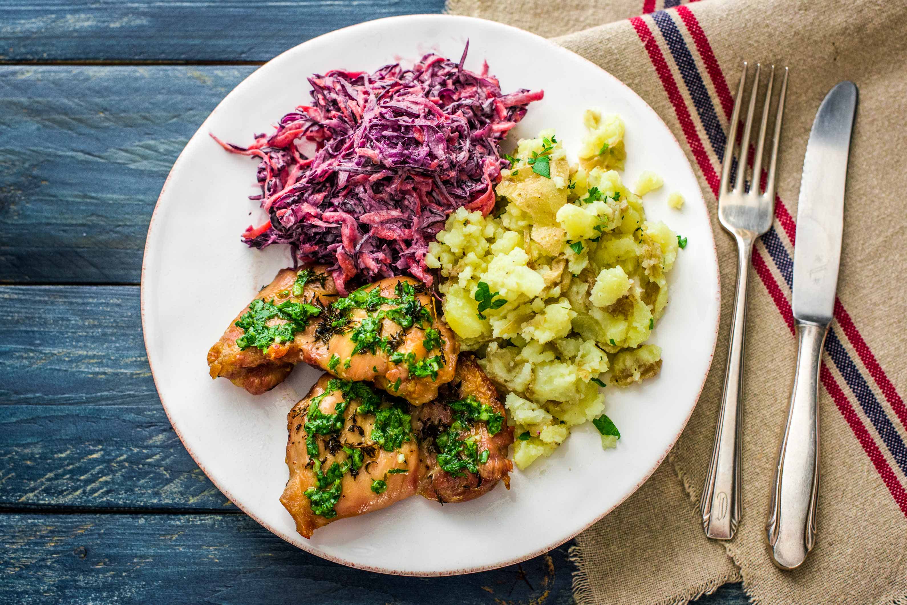 Herb and Mustard Chicken with Crushed New Potatoes
