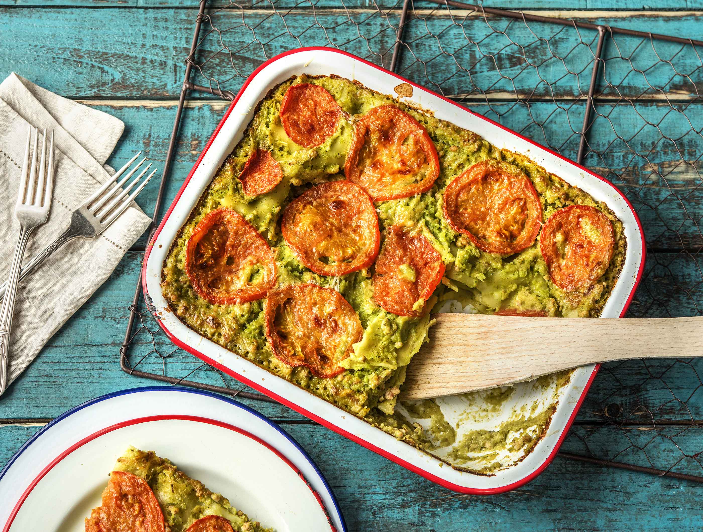 Lasagne met kipgehakt, broccolisaus en belegen kaas