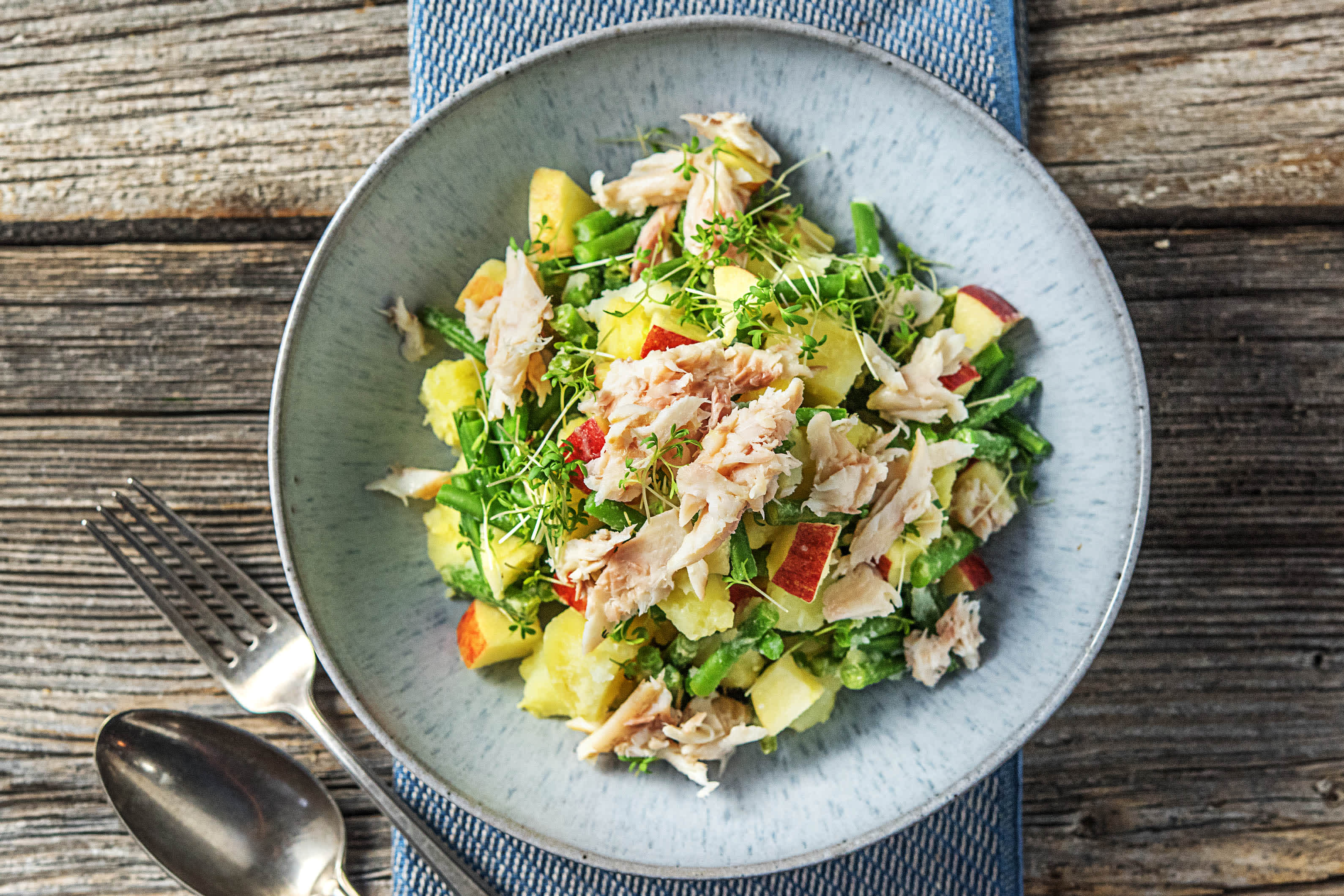 Lauwwarme salade met gerookte forel, aardappel, boontjes, appel en tuinkers