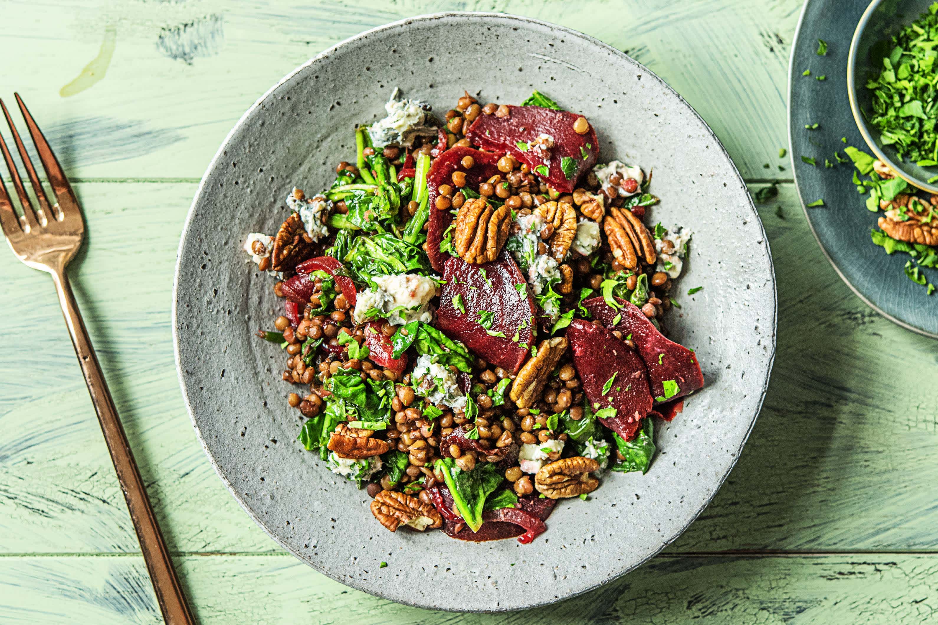 Salade de lentilles aux épinards et au danablu